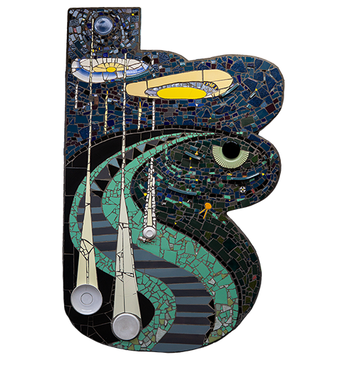 Abstract muurwerk van een trap, met vallende schotels en een verstopte teletubbie