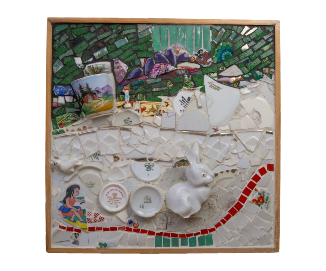 van mozaïek gemaakt bos tafereel met een konijn