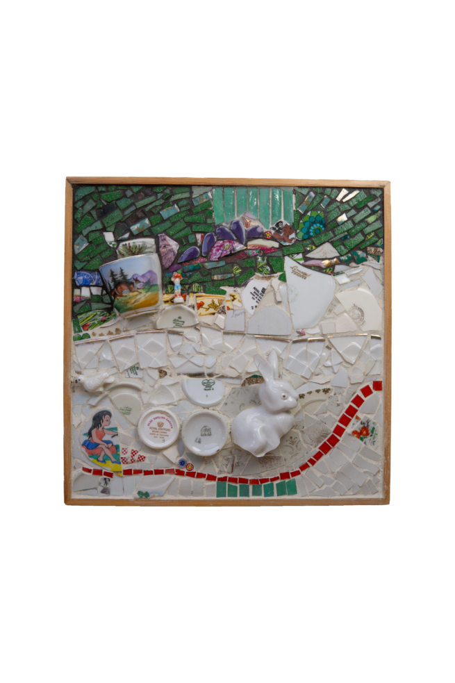 van mozaïek gemaakt bos tafereel met een konijn